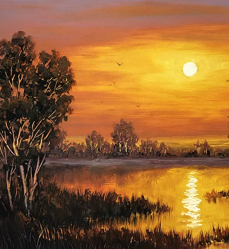 "The Gilded Pathway of Floating Embers" - Original Landscape Oil Painting by Merited Artist Kim Yeong Cheol | 53x35cm Hand-Painted Brilliant Golden Sunset & Shimmering River Horizon Canvas 14881