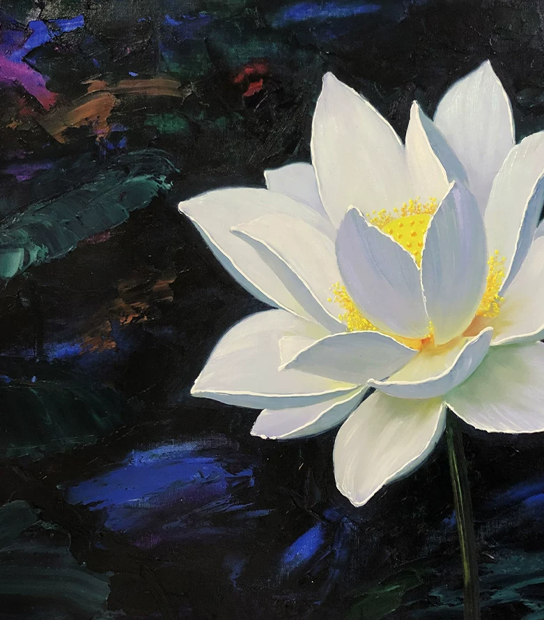 "The Sacred Awakening" - Original Floral Oil Painting by Merited Artist Kim Yeong Cheol | 71x48cm Hand-Painted Luminescent White Lotus Impasto Fine Art Canvas 15017