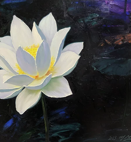 "The Sacred Awakening" - Original Floral Oil Painting by Merited Artist Kim Yeong Cheol | 71x48cm Hand-Painted Luminescent White Lotus Impasto Fine Art Canvas 15017