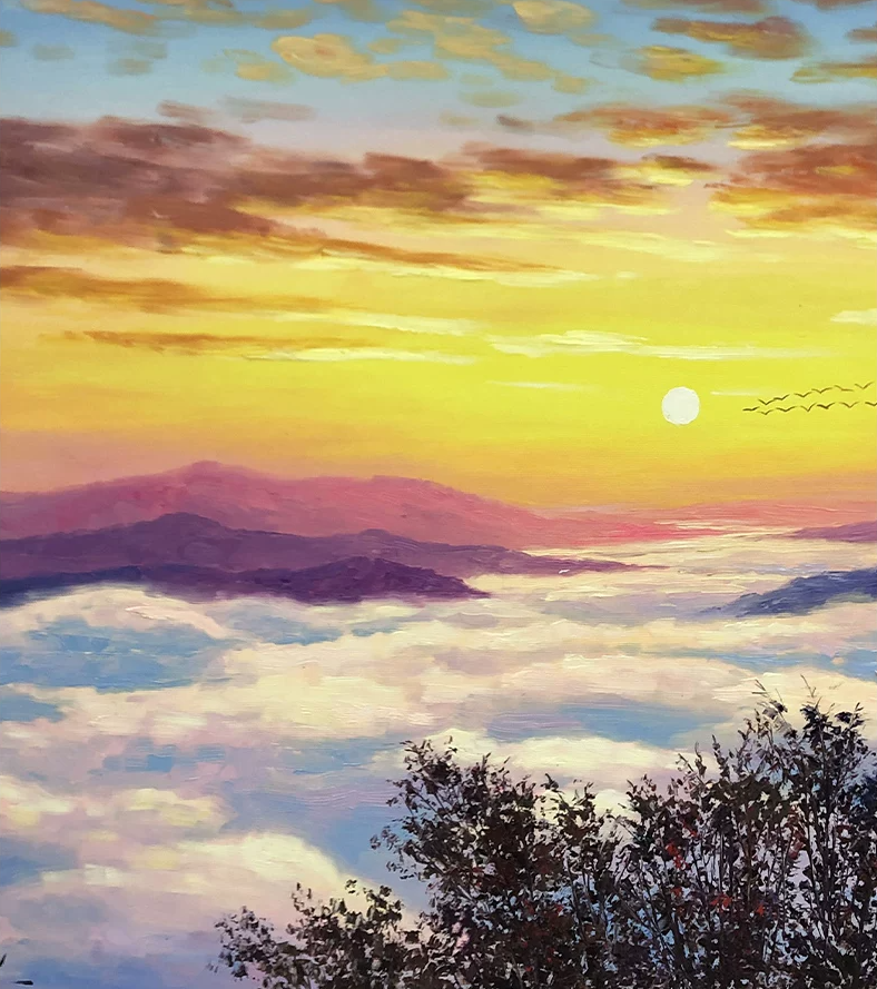 "Soaring Beyond the Gilded Horizon" - Original Landscape Oil Painting by Merited Artist Kim Yeong Cheol | 90x60cm Hand-Painted Sunburst & Majestic Mountain Cloud Ocean Canvas 15418
