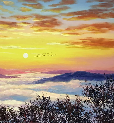 "Soaring Beyond the Gilded Horizon" - Original Landscape Oil Painting by Merited Artist Kim Yeong Cheol | 90x60cm Hand-Painted Sunburst & Majestic Mountain Cloud Ocean Canvas 15418