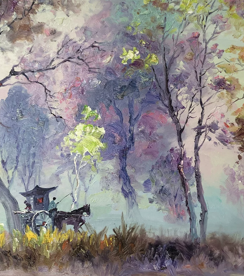 "Journey Through the Lavender Mist" - Original Impressionist Landscape Oil Painting by First-Class Artist Kim Cheol Jun | 90x60cm Hand-Painted Vintage Carriage & Radiant Dream Forest Canvas 15455