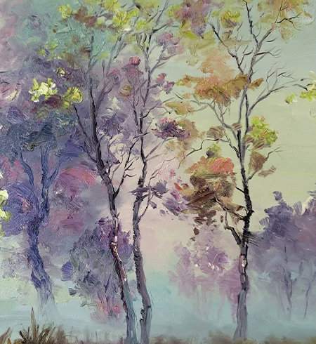 "Journey Through the Lavender Mist" - Original Impressionist Landscape Oil Painting by First-Class Artist Kim Cheol Jun | 90x60cm Hand-Painted Vintage Carriage & Radiant Dream Forest Canvas 15455