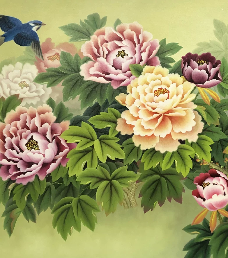 "The Royal Banquet of Peonies & Songbirds" - Monumental Original Realism Oil Painting by First-Class Artist Cho Ye Jin | 122x61cm Hand-Painted Peony Flowers & Sapphire Blue Birds Canvas 15439