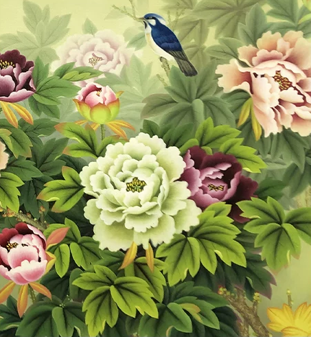 "The Royal Banquet of Peonies & Songbirds" - Monumental Original Realism Oil Painting by First-Class Artist Cho Ye Jin | 122x61cm Hand-Painted Peony Flowers & Sapphire Blue Birds Canvas 15439