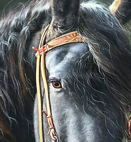 "The Sovereign Noir" - Original Hyper-Realistic Stallion Portrait Oil Painting by First-Class Artist Jin Rye Hae | 71x101cm Hand-Painted Black Horse Majesty Canvas 15948