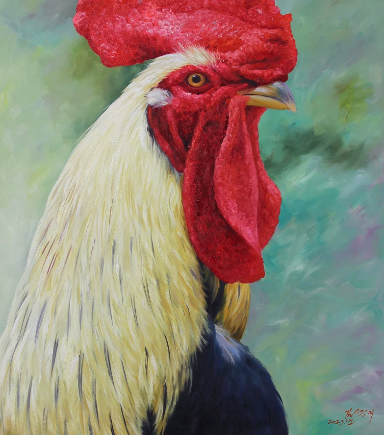 "The Sovereign Dawn" - Original Hyper-Realistic Rooster Portrait Oil Painting by First-Class Artist Kim Kyeong Mi | 61x91cm Hand-Painted Crimson Crown & Golden Plumage Canvas G2781