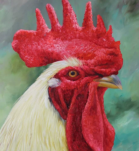 "The Sovereign Dawn" - Original Hyper-Realistic Rooster Portrait Oil Painting by First-Class Artist Kim Kyeong Mi | 61x91cm Hand-Painted Crimson Crown & Golden Plumage Canvas G2781