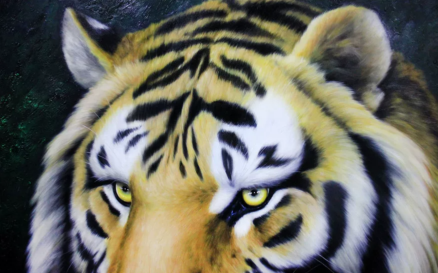 "The Golden Glint of Majesty" - Monumental Original Realism Tiger Portrait Oil Painting by Renowned Master Kim Young Chul | 129x100cm Hand-Painted Imperial Siberian Tiger Canvas 7502