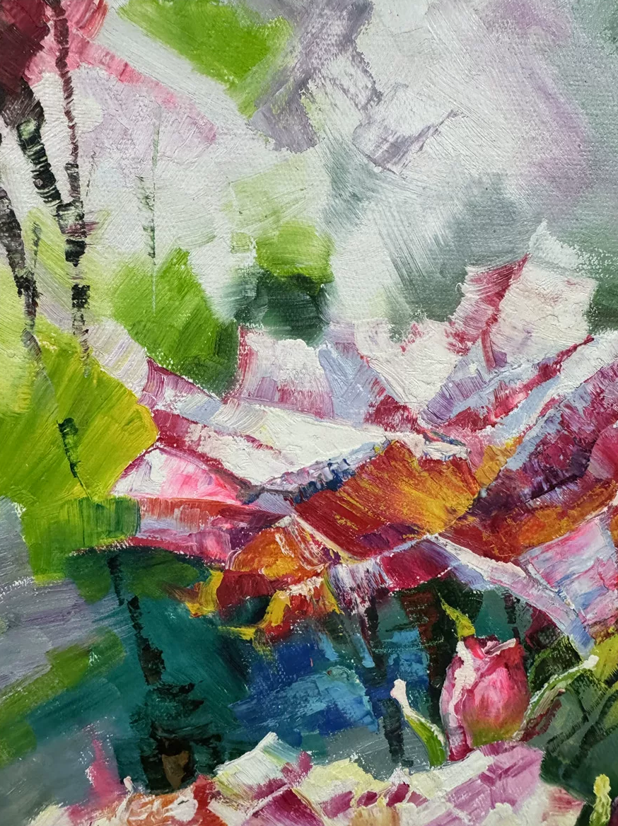 "The Radiant Eruption" - Original Modern Impressionist Floral Oil Painting by First-Class Artist Ryeong Jin | 73x53cm Hand-Painted Bold Impasto Canvas (Pre-Stretched on Inner Wood Frame) 19615
