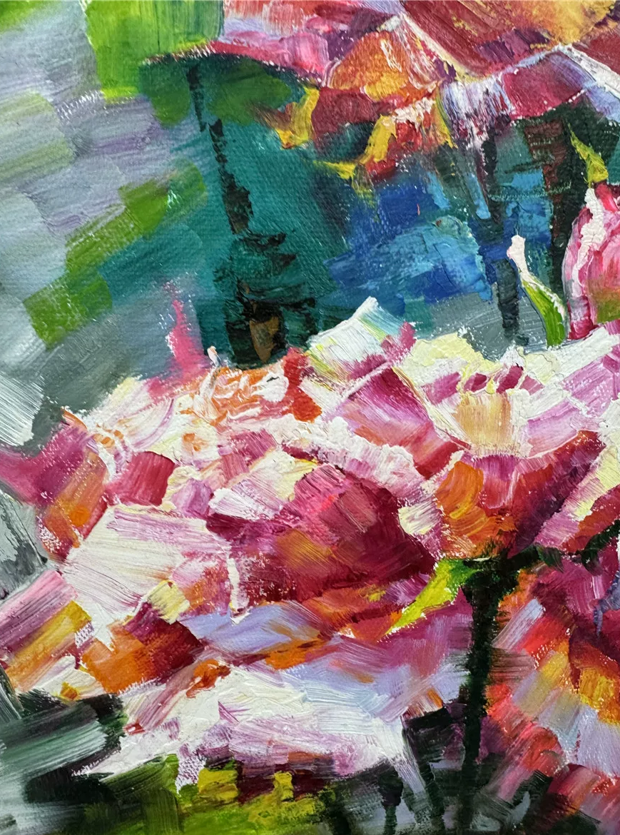"The Radiant Eruption" - Original Modern Impressionist Floral Oil Painting by First-Class Artist Ryeong Jin | 73x53cm Hand-Painted Bold Impasto Canvas (Pre-Stretched on Inner Wood Frame) 19615