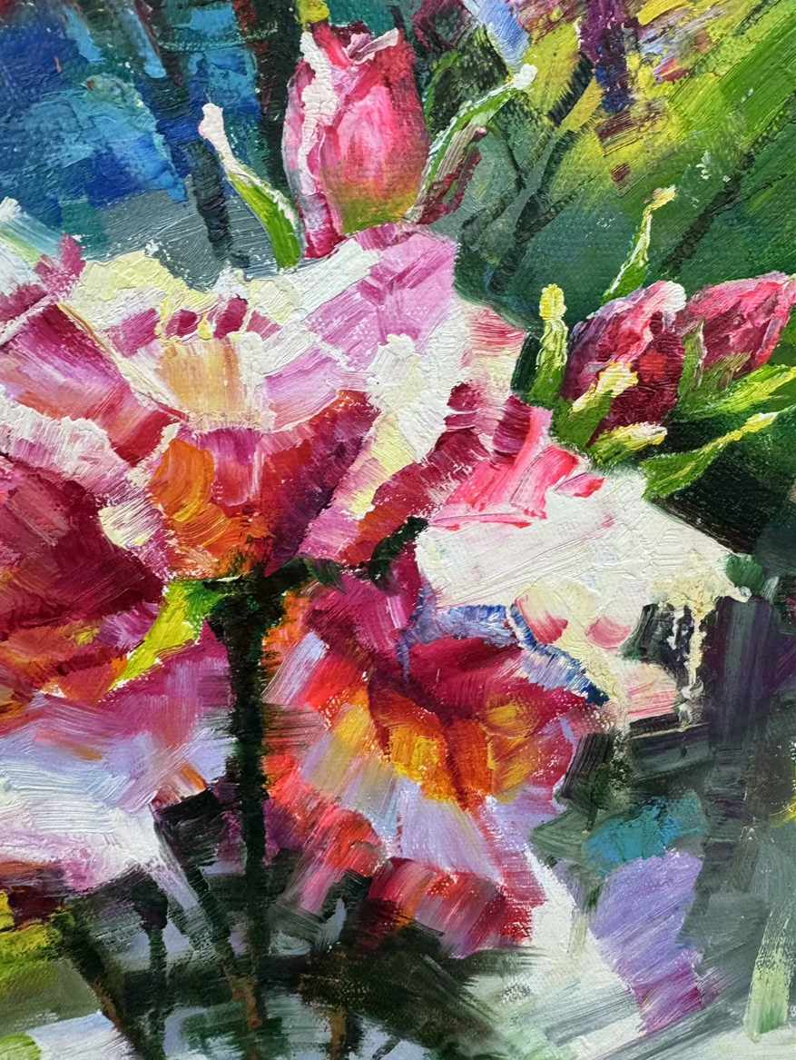 "The Radiant Eruption" - Original Modern Impressionist Floral Oil Painting by First-Class Artist Ryeong Jin | 73x53cm Hand-Painted Bold Impasto Canvas (Pre-Stretched on Inner Wood Frame) 19615