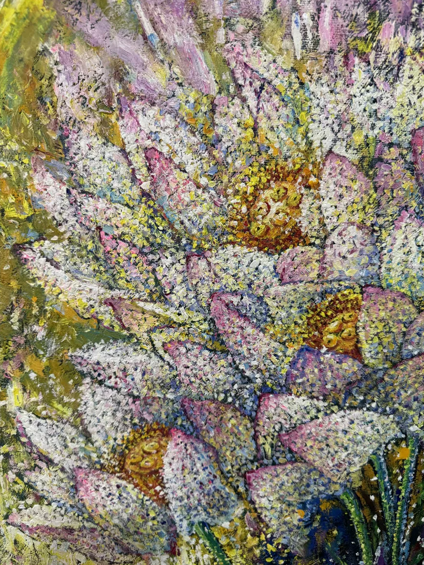 "Serenade of the Sacred Lotus" - Original Modern Heavy-Impasto Pointillism Oil Painting by First-Class Artist Kang Ji Hye | 100x66cm Hand-Painted Luminous Lotus & Kingfisher Canvas (Pre-Stretched on Inner Frame) 19598