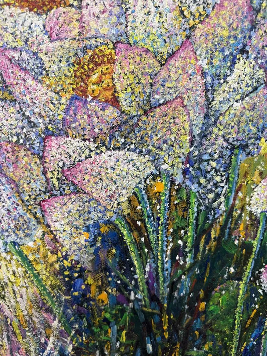 "Serenade of the Sacred Lotus" - Original Modern Heavy-Impasto Pointillism Oil Painting by First-Class Artist Kang Ji Hye | 100x66cm Hand-Painted Luminous Lotus & Kingfisher Canvas (Pre-Stretched on Inner Frame) 19598