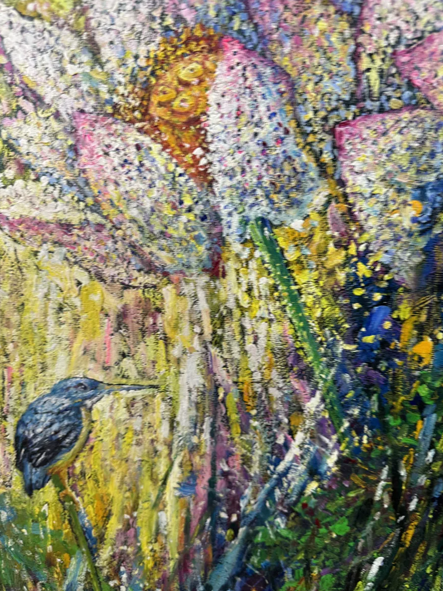 "Serenade of the Sacred Lotus" - Original Modern Heavy-Impasto Pointillism Oil Painting by First-Class Artist Kang Ji Hye | 100x66cm Hand-Painted Luminous Lotus & Kingfisher Canvas (Pre-Stretched on Inner Frame) 19598