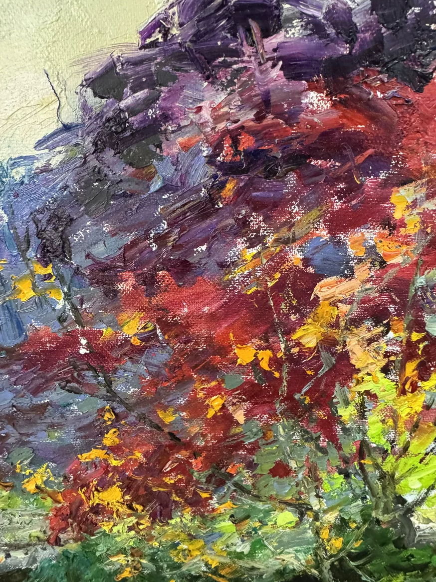 "The River of Sovereign Crimson" - Original Impressionist Heavy-Impasto Landscape Oil Painting by Celebrated Merited Artist Park Myung Chul | 60x60cm Hand-Painted Square Fine Art Canvas (Pre-Stretched on Inner Frame) 19594
