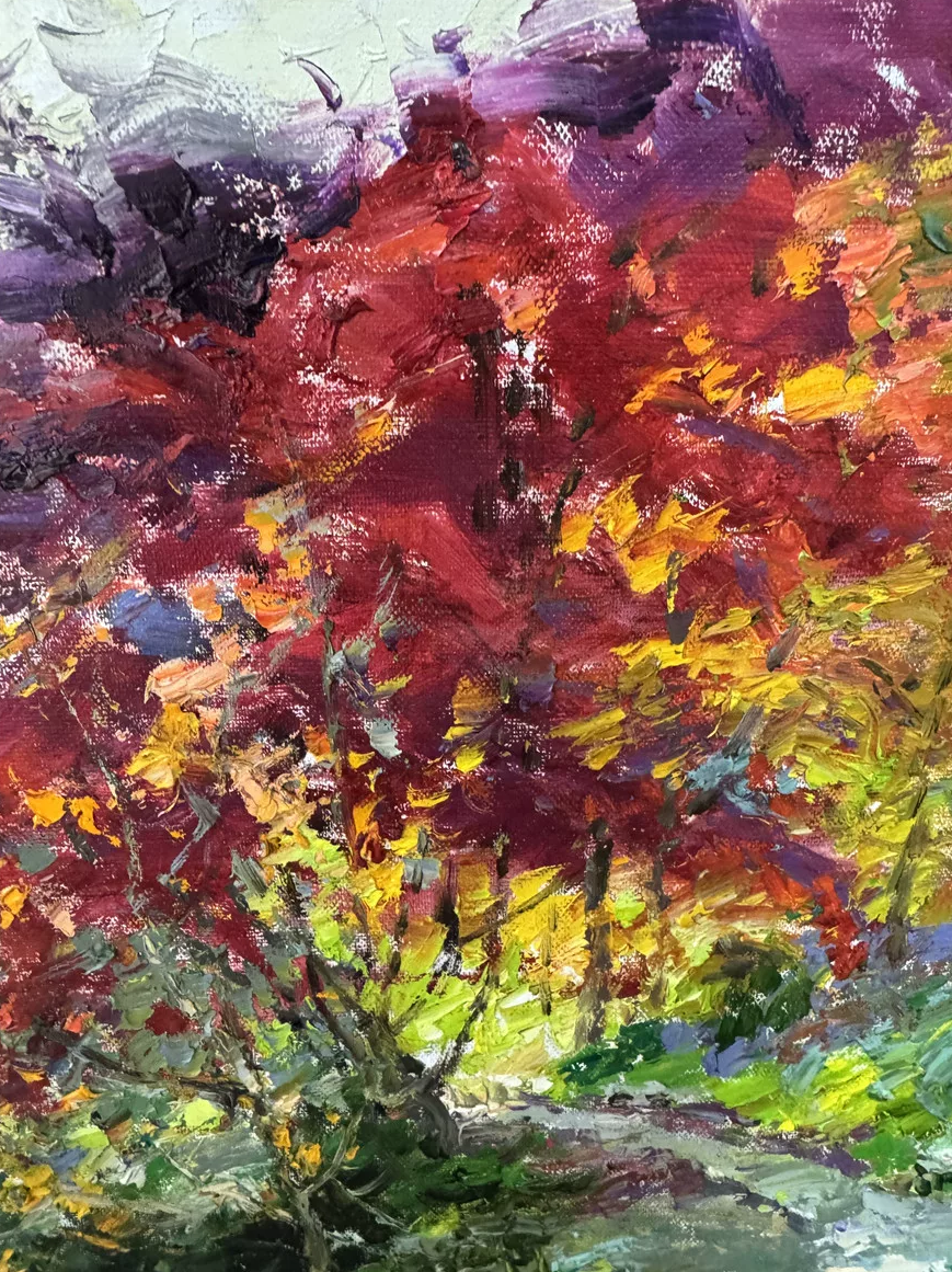 "The River of Sovereign Crimson" - Original Impressionist Heavy-Impasto Landscape Oil Painting by Celebrated Merited Artist Park Myung Chul | 60x60cm Hand-Painted Square Fine Art Canvas (Pre-Stretched on Inner Frame) 19594