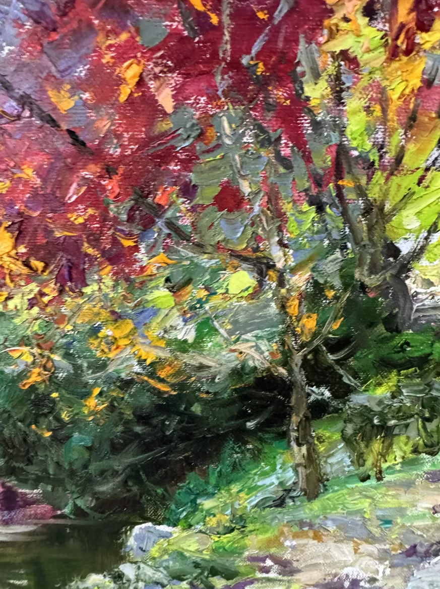 "The River of Sovereign Crimson" - Original Impressionist Heavy-Impasto Landscape Oil Painting by Celebrated Merited Artist Park Myung Chul | 60x60cm Hand-Painted Square Fine Art Canvas (Pre-Stretched on Inner Frame) 19594