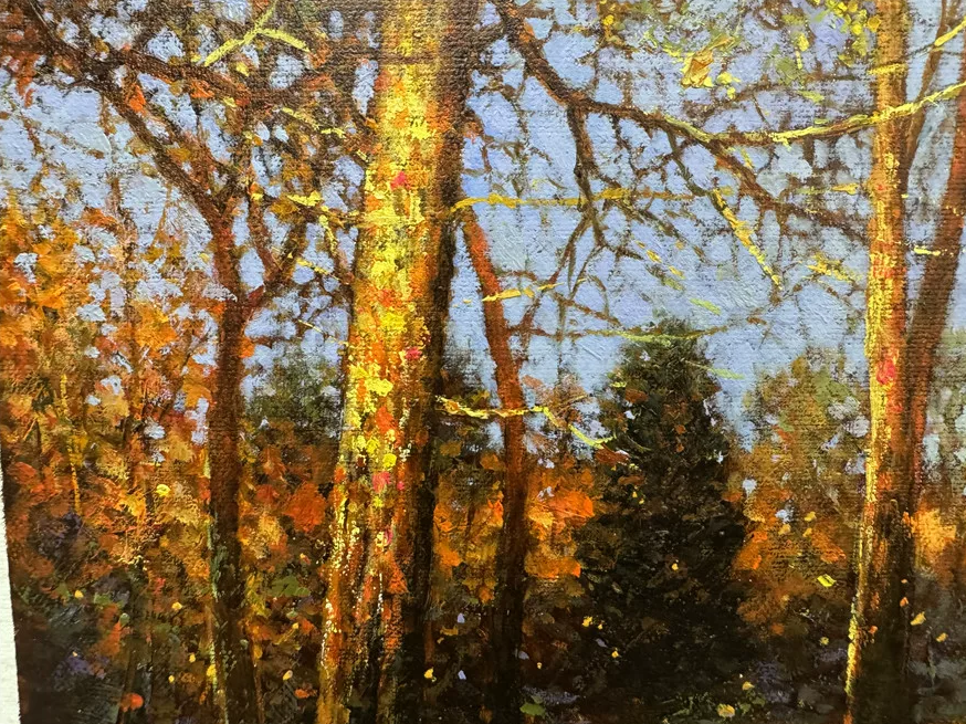 "The Sun-Drenched Clearing" - Original Impressionist Backlit Autumn Landscape Oil Painting by First-Class Artist Kim Ye Seon | 53x35cm Hand-Painted Textured Forest Canvas (Pre-Framed in Premium Aluminum Alloy) 19496