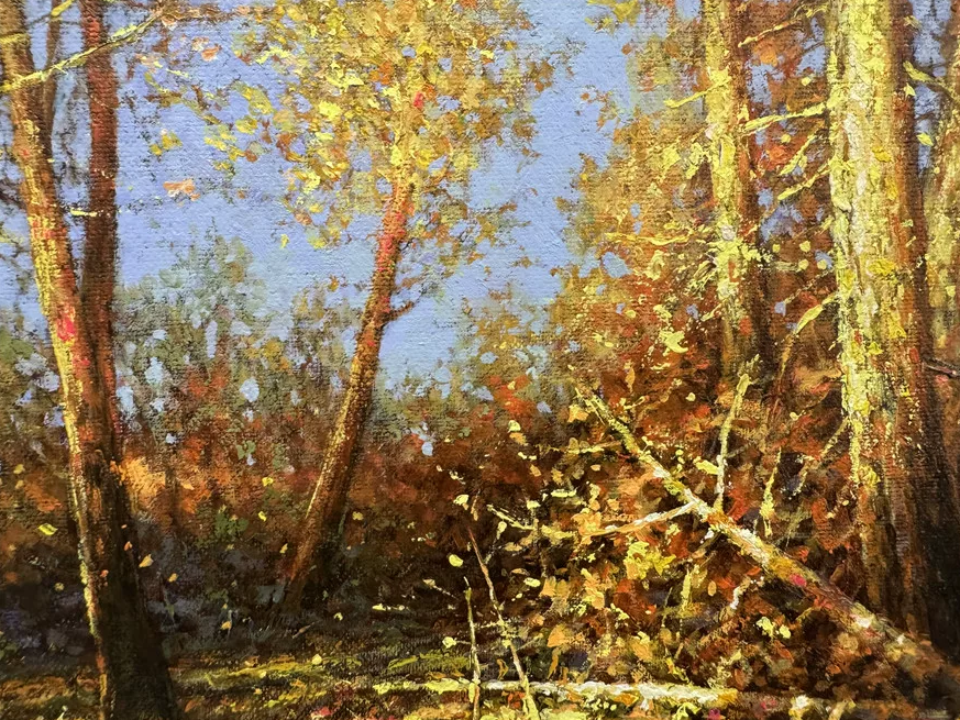 "The Sun-Drenched Clearing" - Original Impressionist Backlit Autumn Landscape Oil Painting by First-Class Artist Kim Ye Seon | 53x35cm Hand-Painted Textured Forest Canvas (Pre-Framed in Premium Aluminum Alloy) 19496
