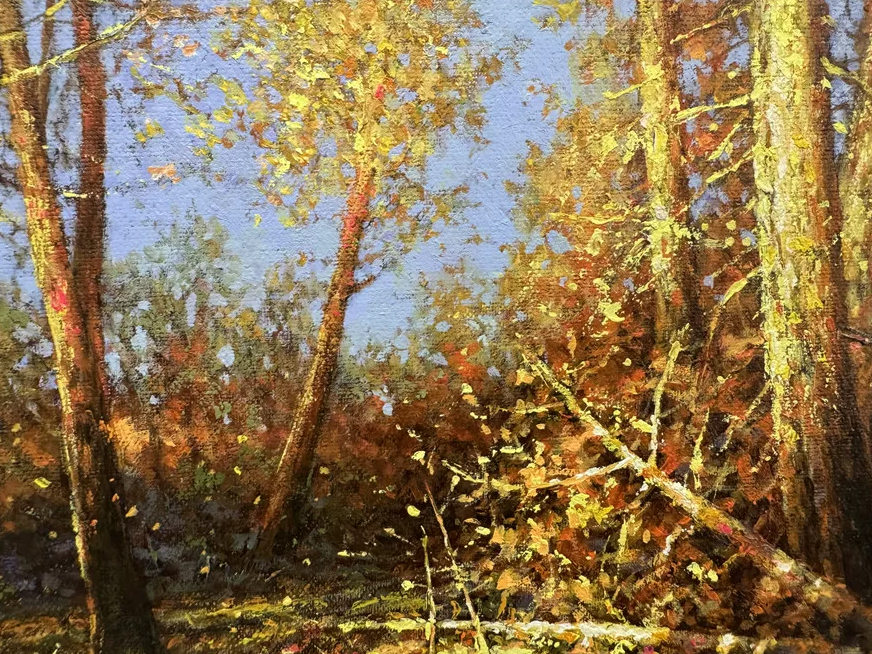 "The Sun-Drenched Clearing" - Original Impressionist Backlit Autumn Landscape Oil Painting by First-Class Artist Kim Ye Seon | 53x35cm Hand-Painted Textured Forest Canvas (Pre-Framed in Premium Aluminum Alloy) 19496