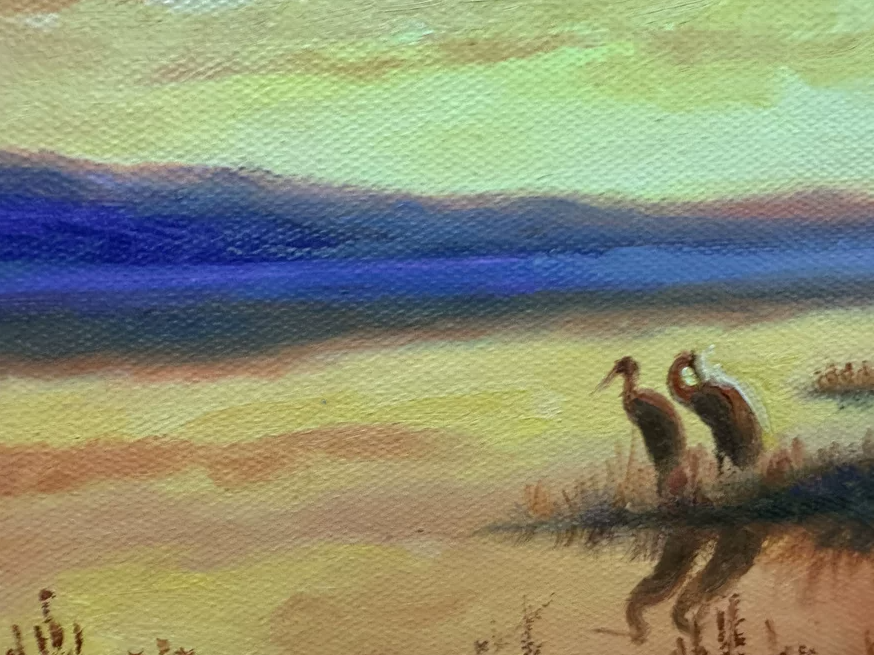 "The Gilded Twilight" - Original Lyrical Landscape Oil Painting by First-Class Artist Kim Seol Song | 52x39cm Hand-Painted Sunset Lake & Devoted Cranes Canvas (Pre-Stretched on Inner Frame) 19782