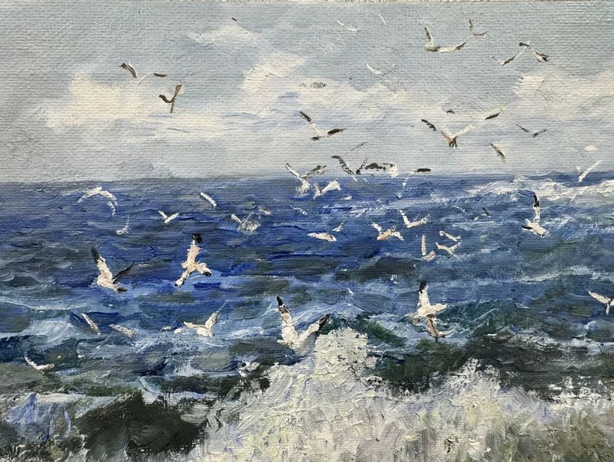 "The Surge of Infinite Abundance" - Original Heavy-Impasto Seascape Oil Painting by First-Class Artist Eom Eun Ji | 55x35cm Hand-Painted Powerful Ocean Waves & Seagulls Canvas (Pre-Stretched on Inner Frame) 19783