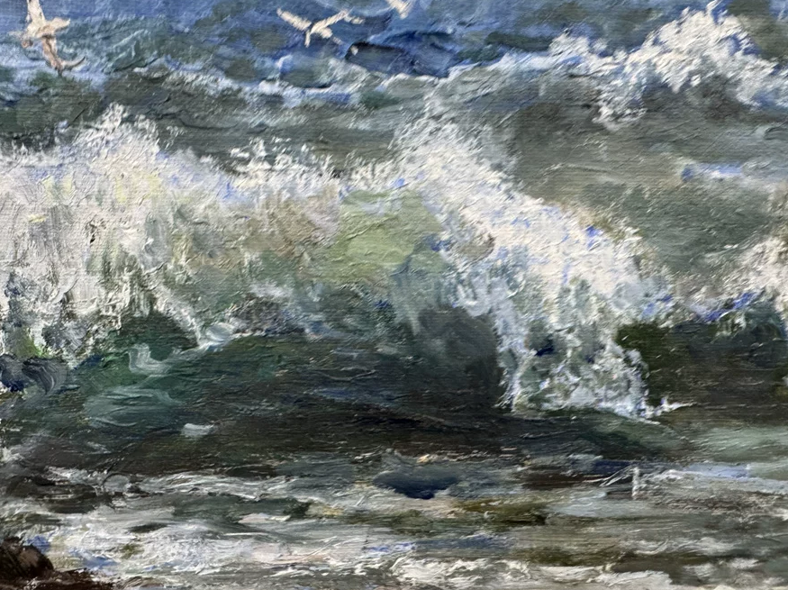 "The Surge of Infinite Abundance" - Original Heavy-Impasto Seascape Oil Painting by First-Class Artist Eom Eun Ji | 55x35cm Hand-Painted Powerful Ocean Waves & Seagulls Canvas (Pre-Stretched on Inner Frame) 19783