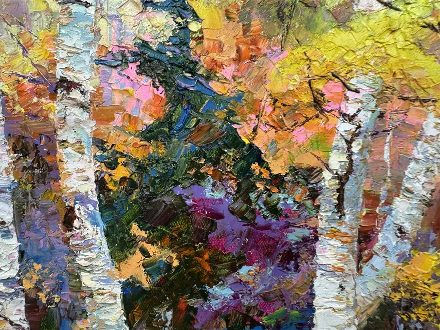 "The Autumn Symphony of Gilded Birches" - Grand Original Post-Impressionist Heavy-Impasto Landscape Oil Painting by Celebrated First-Class Artist Lee Chang Bum | 91x59cm Large-Scale Hand-Painted Canvas (Pre-Stretched on Inner Frame) 19784
