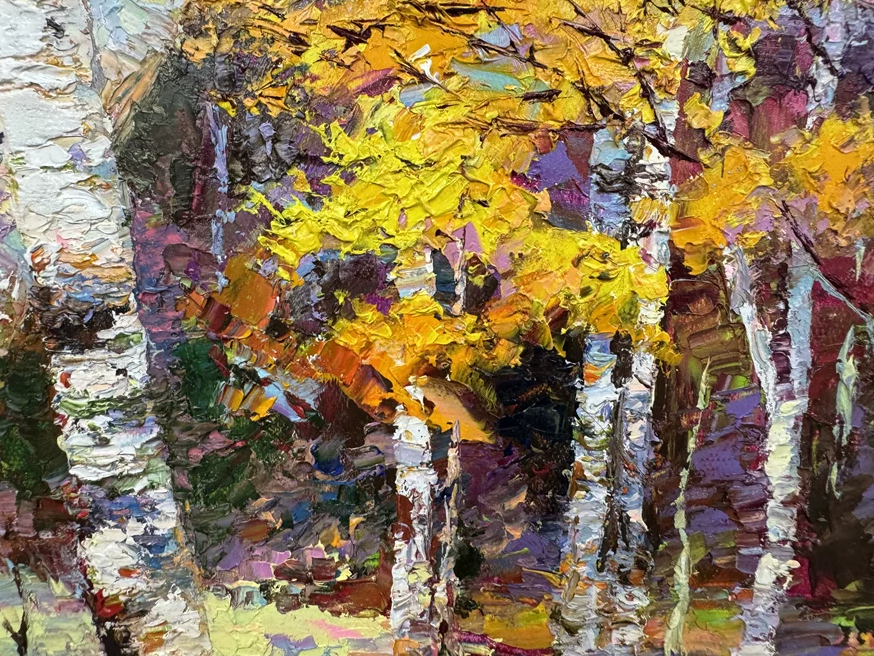 "The Autumn Symphony of Gilded Birches" - Grand Original Post-Impressionist Heavy-Impasto Landscape Oil Painting by Celebrated First-Class Artist Lee Chang Bum | 91x59cm Large-Scale Hand-Painted Canvas (Pre-Stretched on Inner Frame) 19784