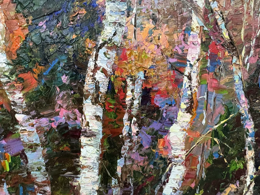 "The Autumn Symphony of Gilded Birches" - Grand Original Post-Impressionist Heavy-Impasto Landscape Oil Painting by Celebrated First-Class Artist Lee Chang Bum | 91x59cm Large-Scale Hand-Painted Canvas (Pre-Stretched on Inner Frame) 19784