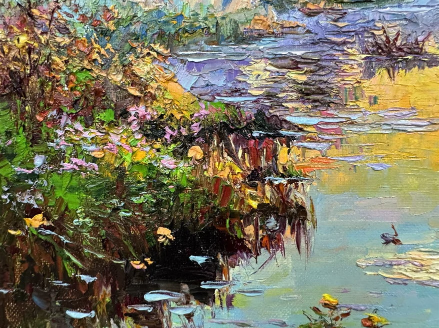 "The Gilded Morning Basin" - Original Post-Impressionist Heavy-Impasto Landscape Oil Painting by Celebrated First-Class Artist Lee Chang Bum | 54x38cm Hand-Painted Textured Sunrise Lake Canvas  19777