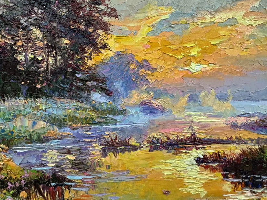 "The Gilded Morning Basin" - Original Post-Impressionist Heavy-Impasto Landscape Oil Painting by Celebrated First-Class Artist Lee Chang Bum | 54x38cm Hand-Painted Textured Sunrise Lake Canvas  19777