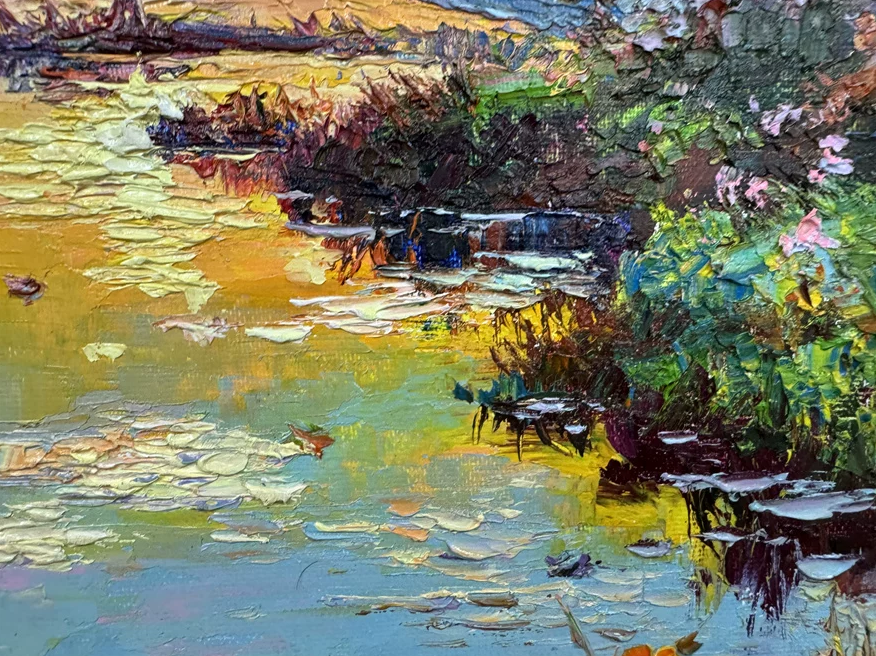 "The Gilded Morning Basin" - Original Post-Impressionist Heavy-Impasto Landscape Oil Painting by Celebrated First-Class Artist Lee Chang Bum | 54x38cm Hand-Painted Textured Sunrise Lake Canvas  19777