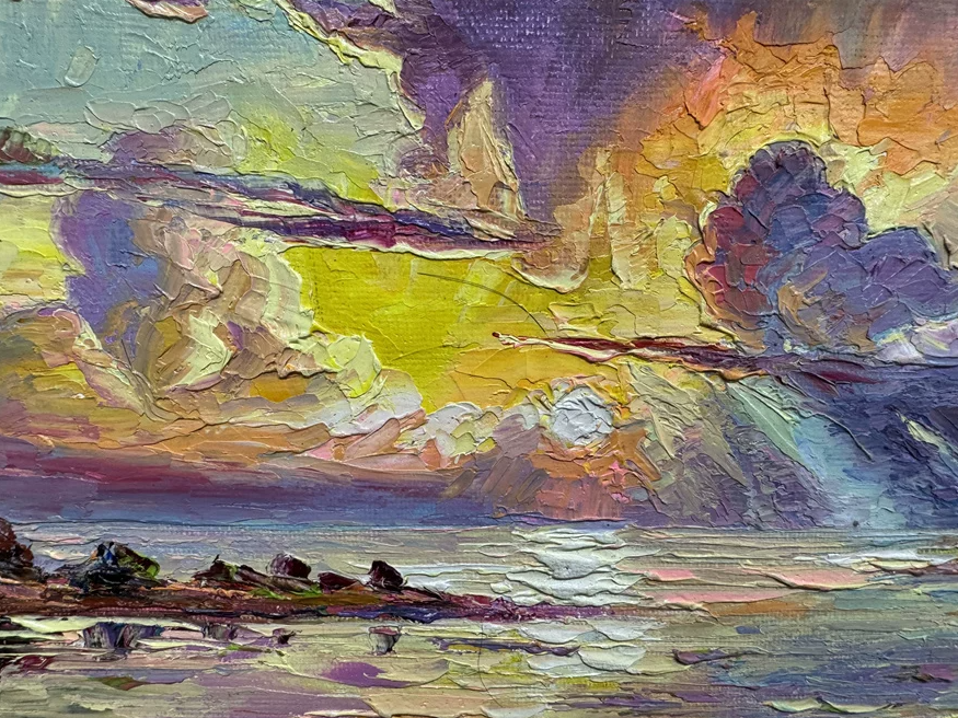 "The Celestial Chromatic Fire" - Original Post-Impressionist Heavy-Impasto Landscape Oil Painting by Celebrated First-Class Artist Lee Chang Bum | 54x38cm Hand-Painted Textured Sunset Clouds & Crepuscular Rays Canvas 19776