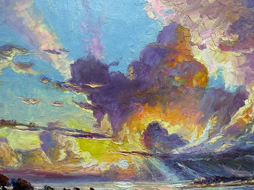 "The Celestial Chromatic Fire" - Original Post-Impressionist Heavy-Impasto Landscape Oil Painting by Celebrated First-Class Artist Lee Chang Bum | 54x38cm Hand-Painted Textured Sunset Clouds & Crepuscular Rays Canvas 19776