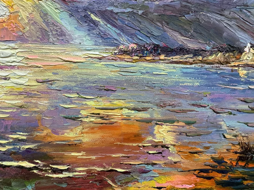 "The Celestial Chromatic Fire" - Original Post-Impressionist Heavy-Impasto Landscape Oil Painting by Celebrated First-Class Artist Lee Chang Bum | 54x38cm Hand-Painted Textured Sunset Clouds & Crepuscular Rays Canvas 19776