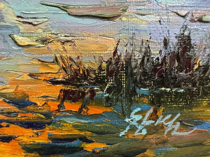 "The Celestial Chromatic Fire" - Original Post-Impressionist Heavy-Impasto Landscape Oil Painting by Celebrated First-Class Artist Lee Chang Bum | 54x38cm Hand-Painted Textured Sunset Clouds & Crepuscular Rays Canvas 19776
