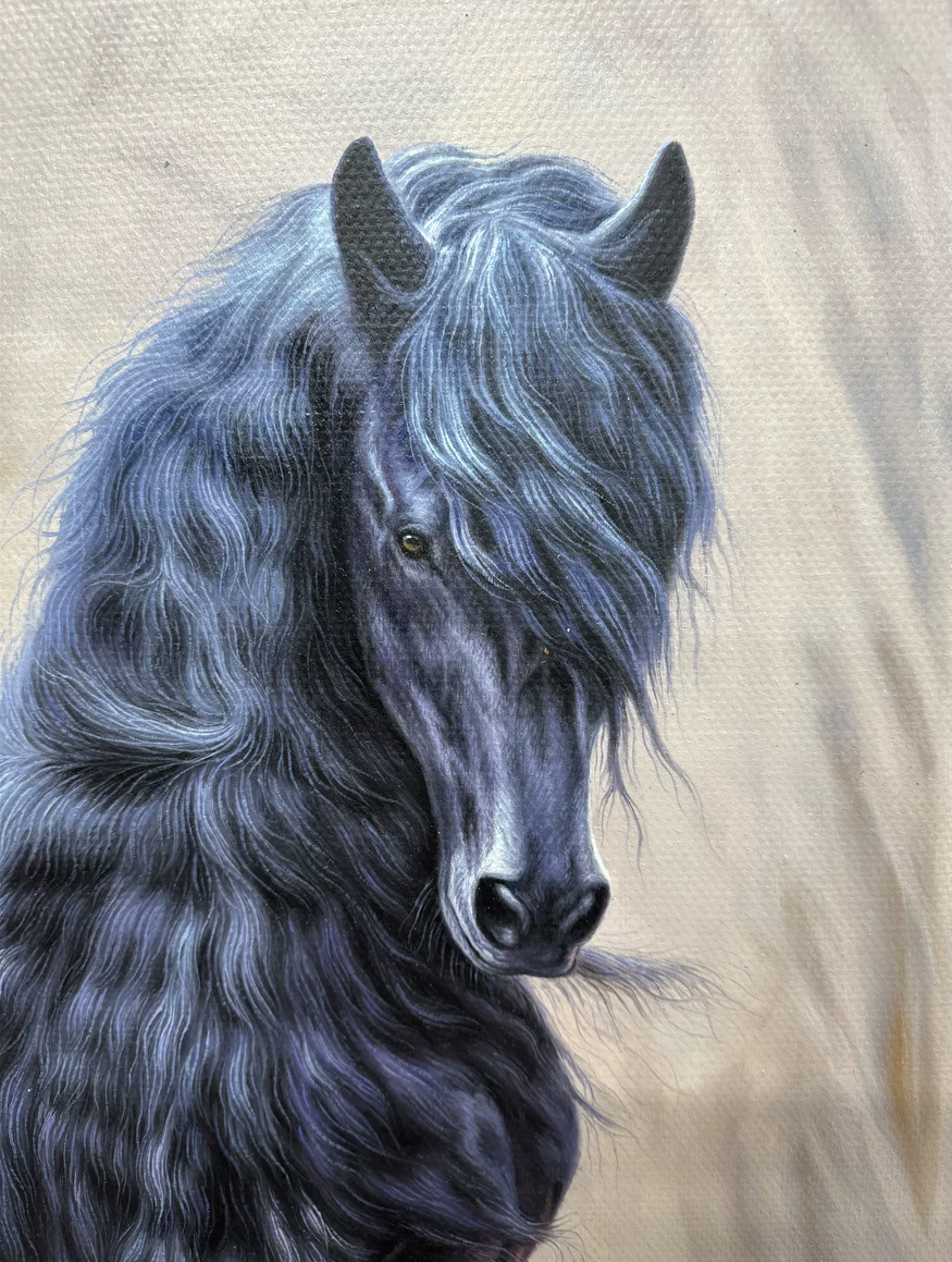"The Sovereign Stallion" - Majestic Original Hyper-Realistic Animal Oil Painting by First-Class Artist Seong Jin | 117x77cm Grand-Scale Hand-Painted Royal Black Friesian Horse Canvas G3127