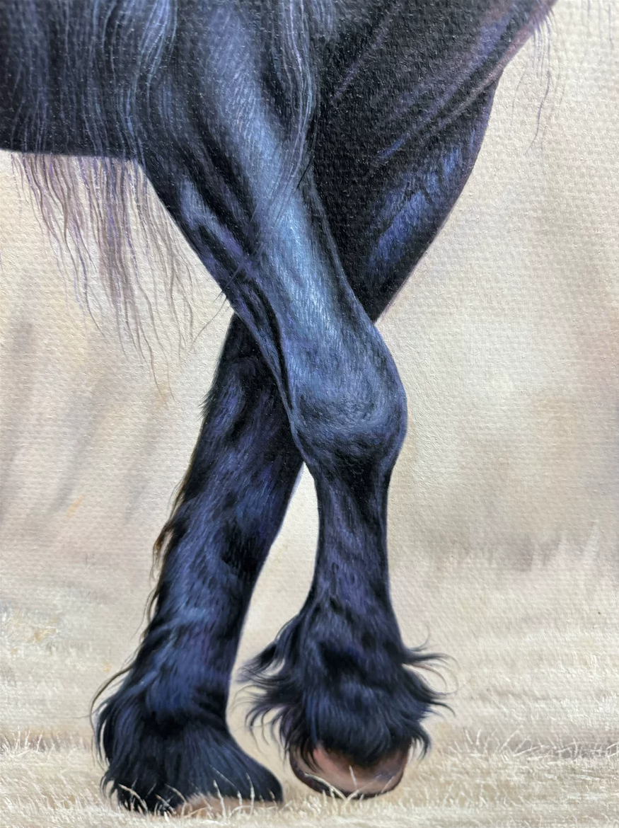 "The Sovereign Stallion" - Majestic Original Hyper-Realistic Animal Oil Painting by First-Class Artist Seong Jin | 117x77cm Grand-Scale Hand-Painted Royal Black Friesian Horse Canvas G3127