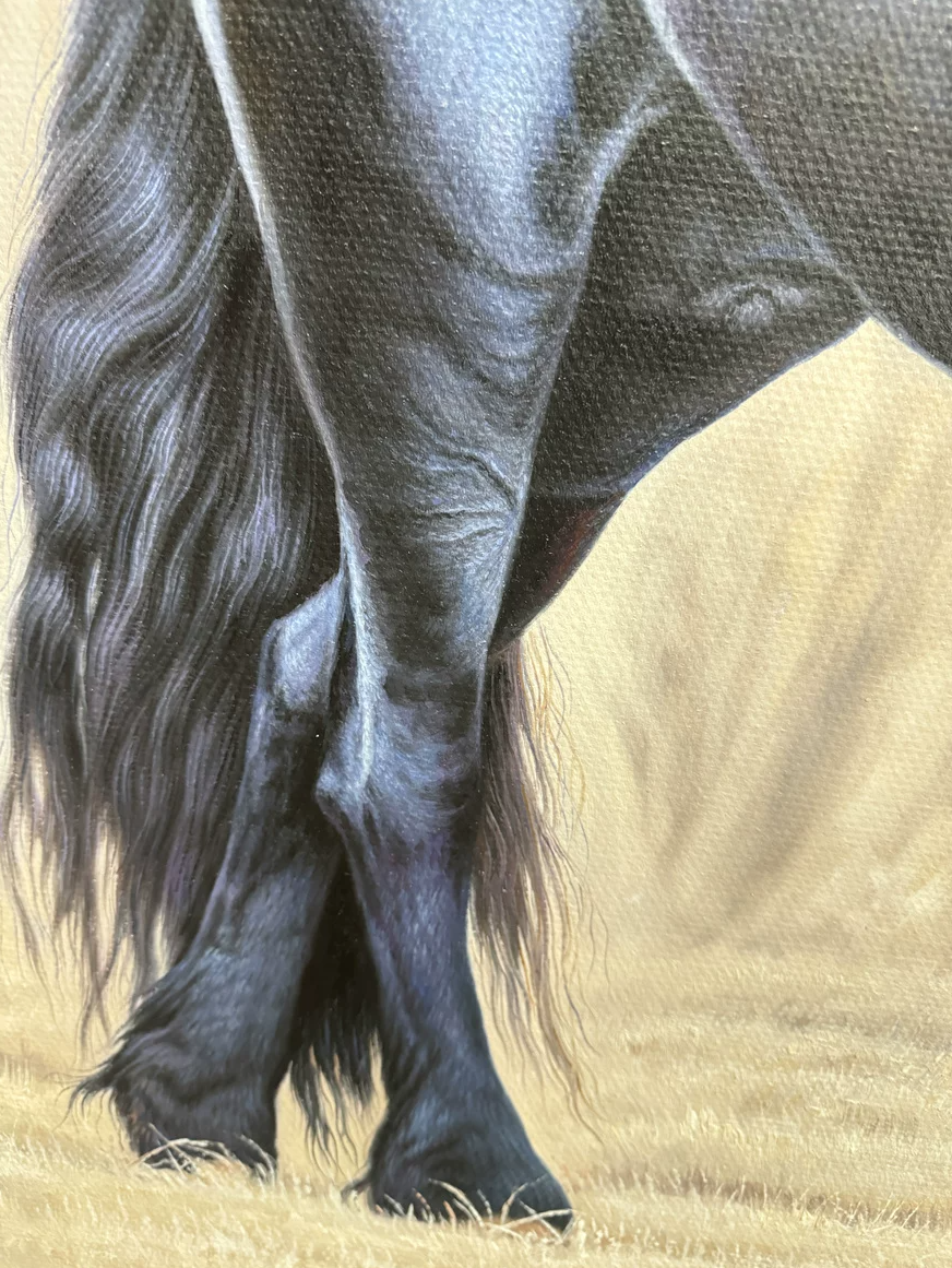 "The Sovereign Stallion" - Majestic Original Hyper-Realistic Animal Oil Painting by First-Class Artist Seong Jin | 117x77cm Grand-Scale Hand-Painted Royal Black Friesian Horse Canvas G3127