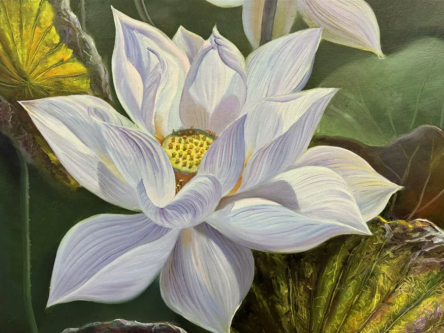 "The Pure Luminescence of Harmony" - Original Classical Hyper-Realistic Floral Oil Painting by First-Class Artist Pak Hae Yon | 99x55cm Hand-Painted Translucent White Lotus Canvas 19370