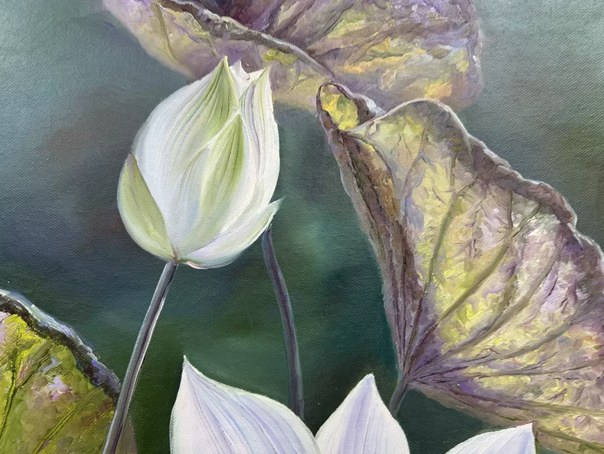 "The Pure Luminescence of Harmony" - Original Classical Hyper-Realistic Floral Oil Painting by First-Class Artist Pak Hae Yon | 99x55cm Hand-Painted Translucent White Lotus Canvas 19370