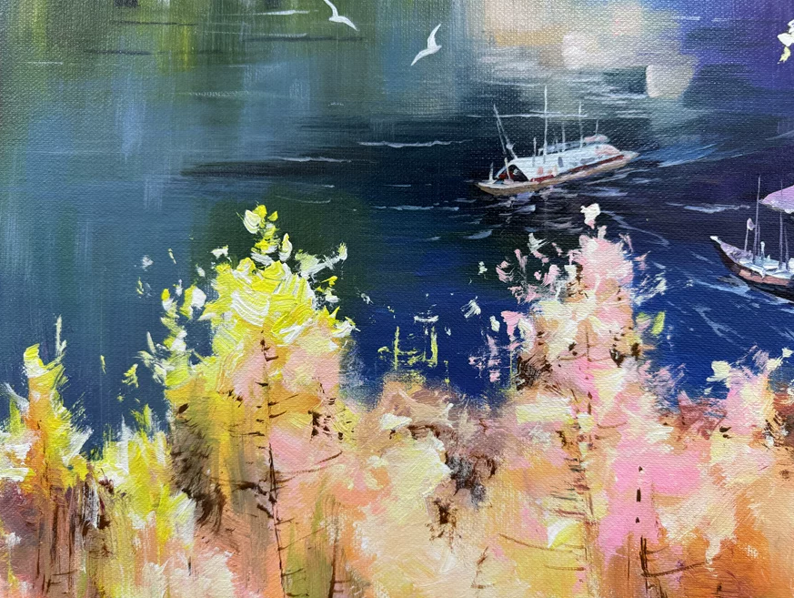 "The Symphony of Autumnal Waters" - Spectacular Original Impressionist Landscape Oil Painting by First-Class Artist Hua Cheng | 72x41cm Hand-Painted Vivid Forest & Sailing Lake 19144