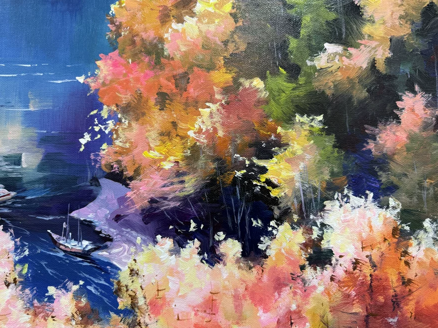 "The Symphony of Autumnal Waters" - Spectacular Original Impressionist Landscape Oil Painting by First-Class Artist Hua Cheng | 72x41cm Hand-Painted Vivid Forest & Sailing Lake 19144