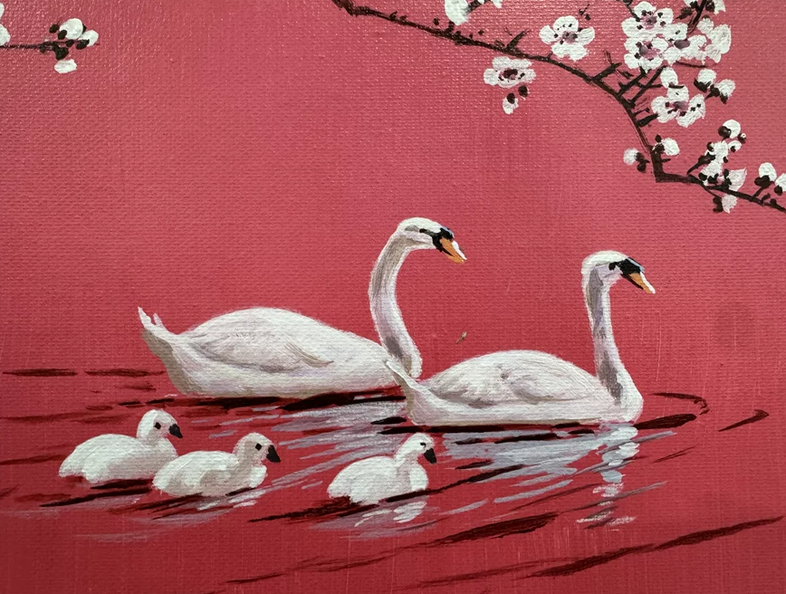 "The Crimson Awakening of Spring" - Original Contemporary Pop-Orientalism Masterpiece by First-Class Artist Li Lu | 53x33cm Hand-Painted Luminous Red Canvas with Swan Family & White Plum Blossoms 19126