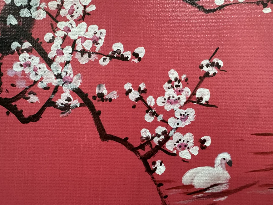 "The Crimson Awakening of Spring" - Original Contemporary Pop-Orientalism Masterpiece by First-Class Artist Li Lu | 53x33cm Hand-Painted Luminous Red Canvas with Swan Family & White Plum Blossoms 19126