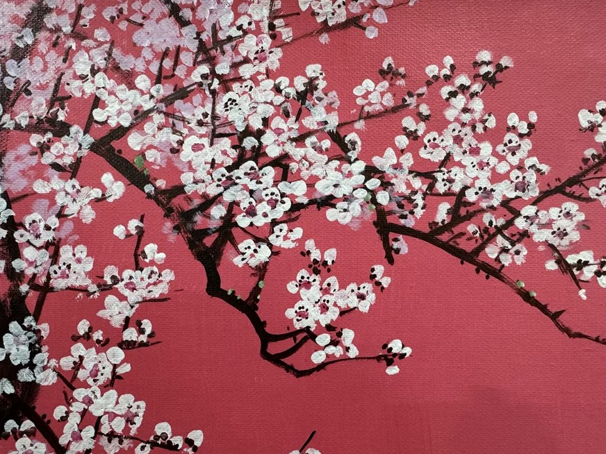 "The Crimson Awakening of Spring" - Original Contemporary Pop-Orientalism Masterpiece by First-Class Artist Li Lu | 53x33cm Hand-Painted Luminous Red Canvas with Swan Family & White Plum Blossoms 19126