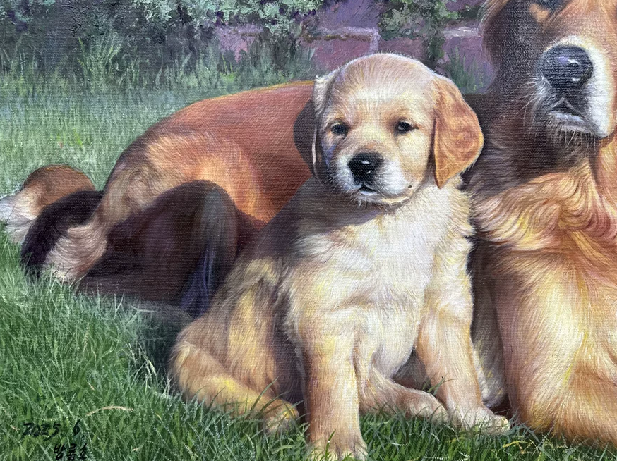 "The Sanctuary of Pure Devotion" - Museum-Grade Original Hyperrealistic Golden Retriever Family Landscape Oil Painting by First-Class Artist Fang Longhao | 73x47cm Hand-Painted Masterpiece on Pre-Stretched Canvas  18731