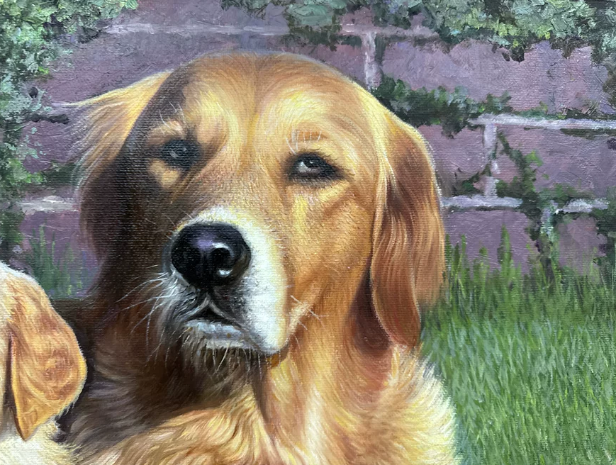 "The Sanctuary of Pure Devotion" - Museum-Grade Original Hyperrealistic Golden Retriever Family Landscape Oil Painting by First-Class Artist Fang Longhao | 73x47cm Hand-Painted Masterpiece on Pre-Stretched Canvas  18731